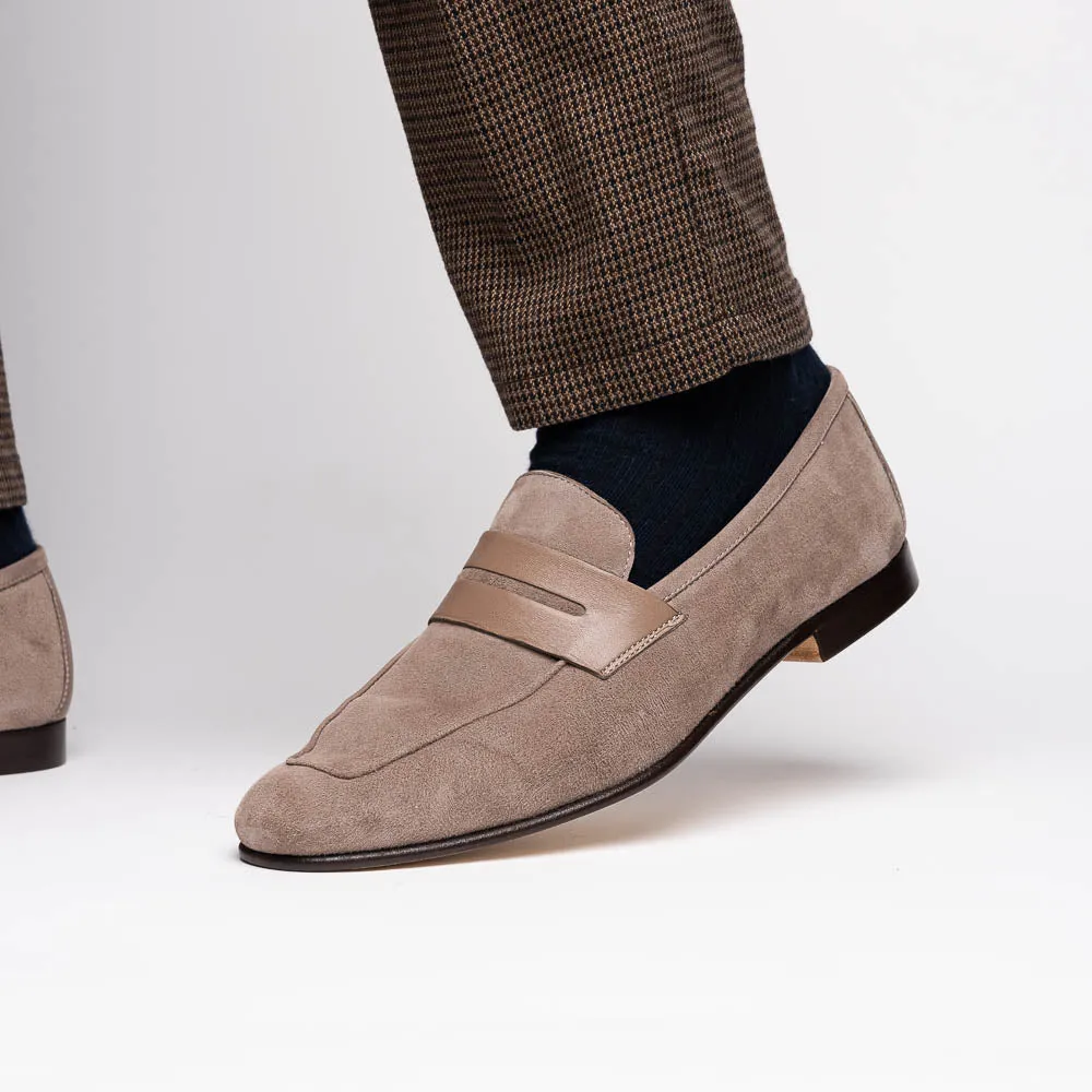 16-672-TPE Tippa Suede & Calfskin Penny Loafers Taupe