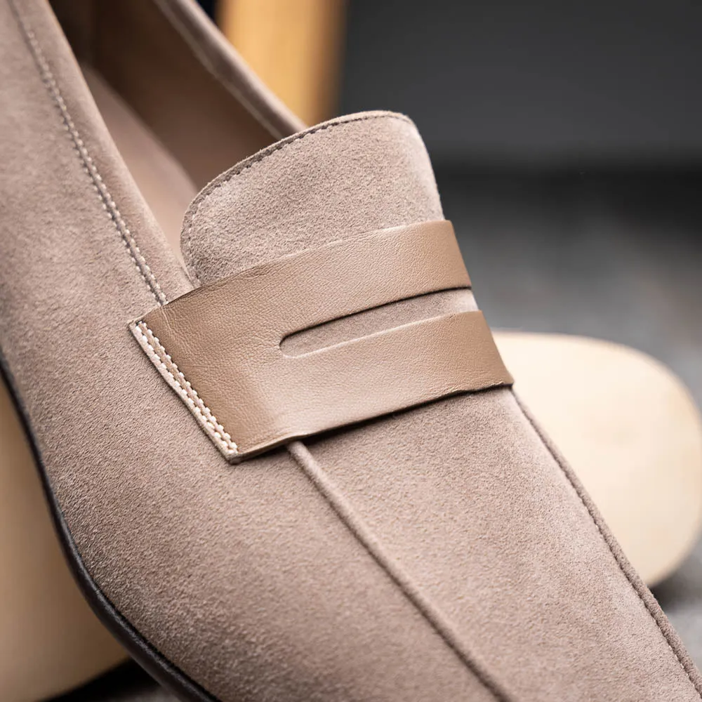 16-672-TPE Tippa Suede & Calfskin Penny Loafers Taupe