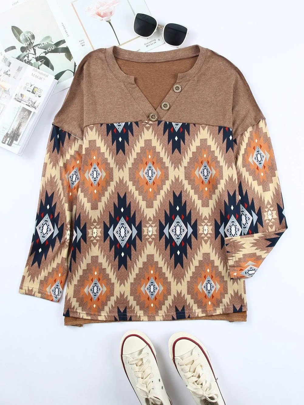 Brown Aztec Print V Neck Button-Up Western Top