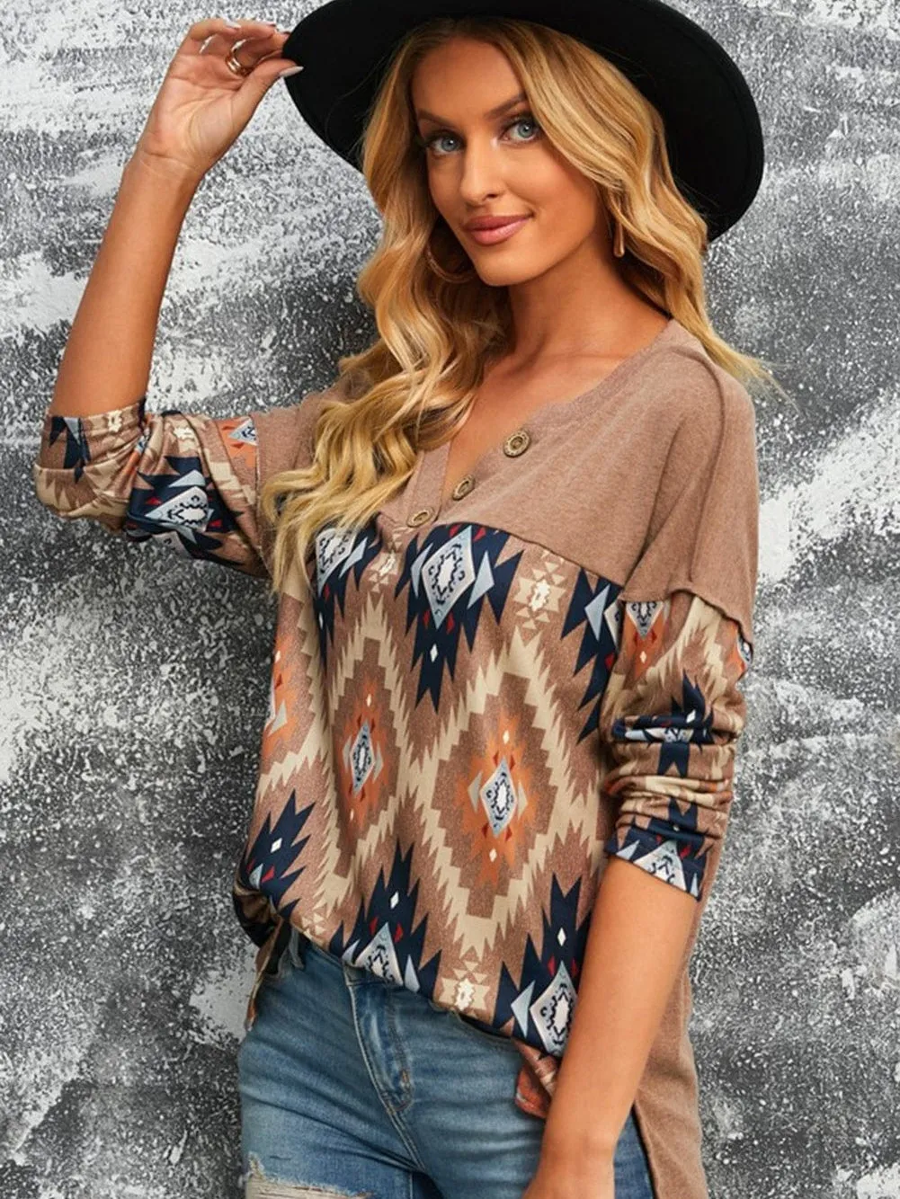 Brown Aztec Print V Neck Button-Up Western Top