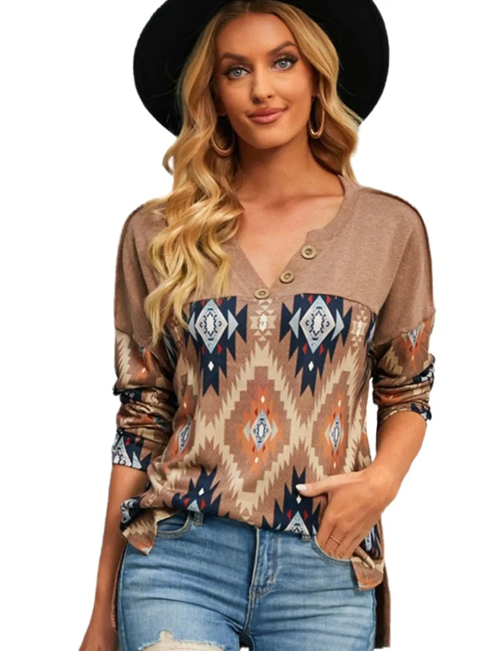 Brown Aztec Print V Neck Button-Up Western Top