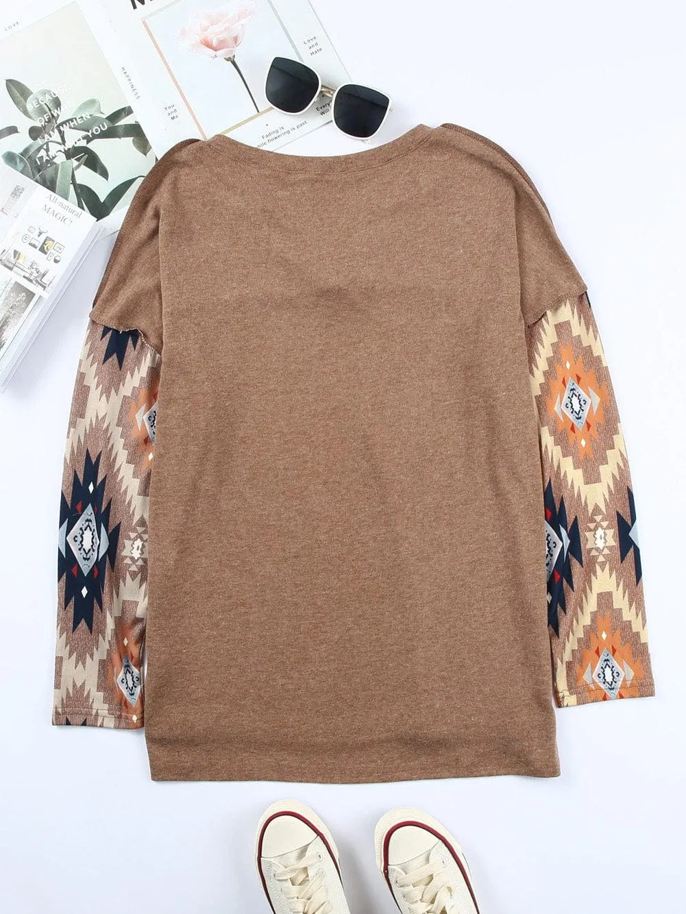 Brown Aztec Print V Neck Button-Up Western Top