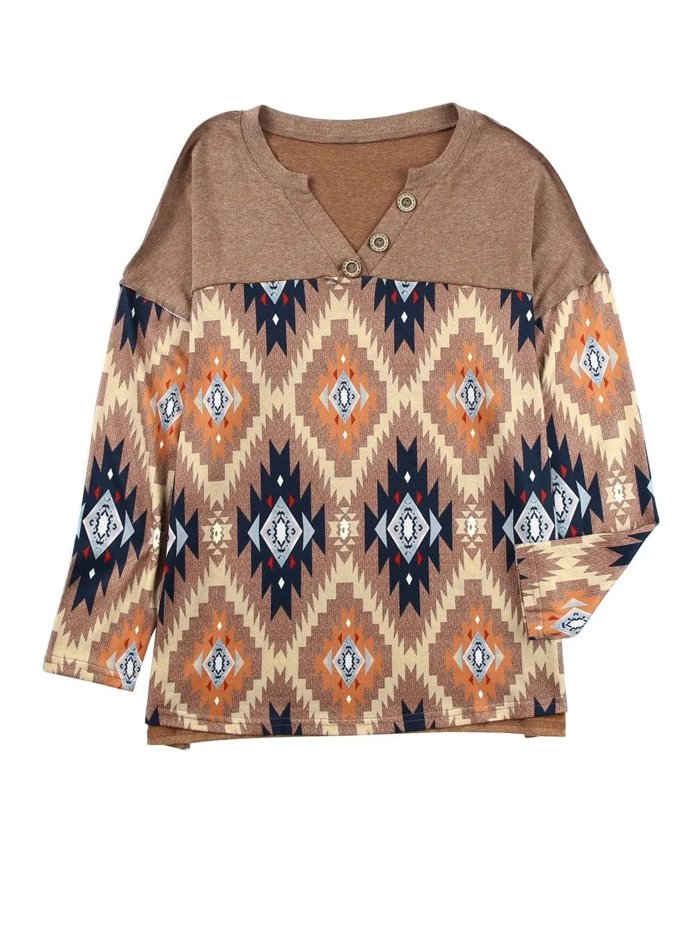 Brown Aztec Print V Neck Button-Up Western Top