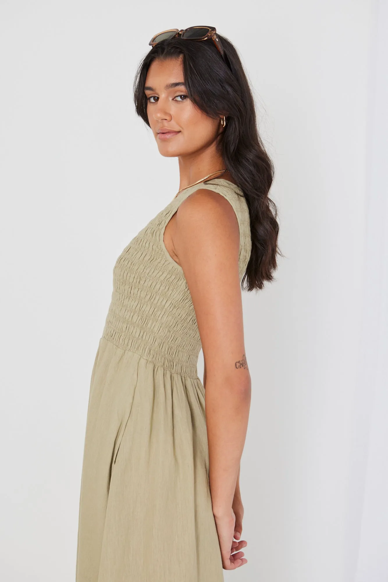 Bryar Light Khaki Linen Sleeveless Shirred Bodice Midi Dress