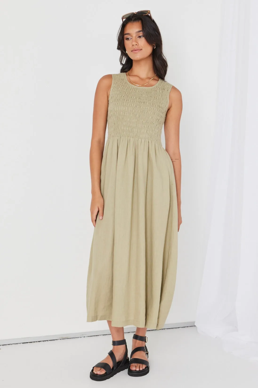 Bryar Light Khaki Linen Sleeveless Shirred Bodice Midi Dress