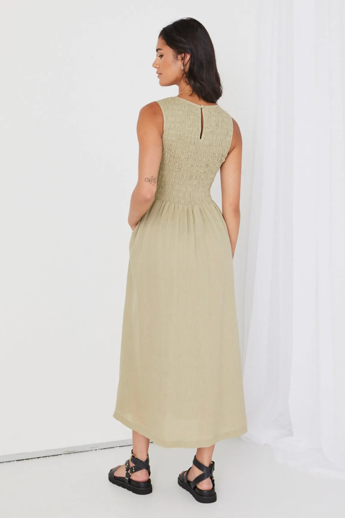 Bryar Light Khaki Linen Sleeveless Shirred Bodice Midi Dress