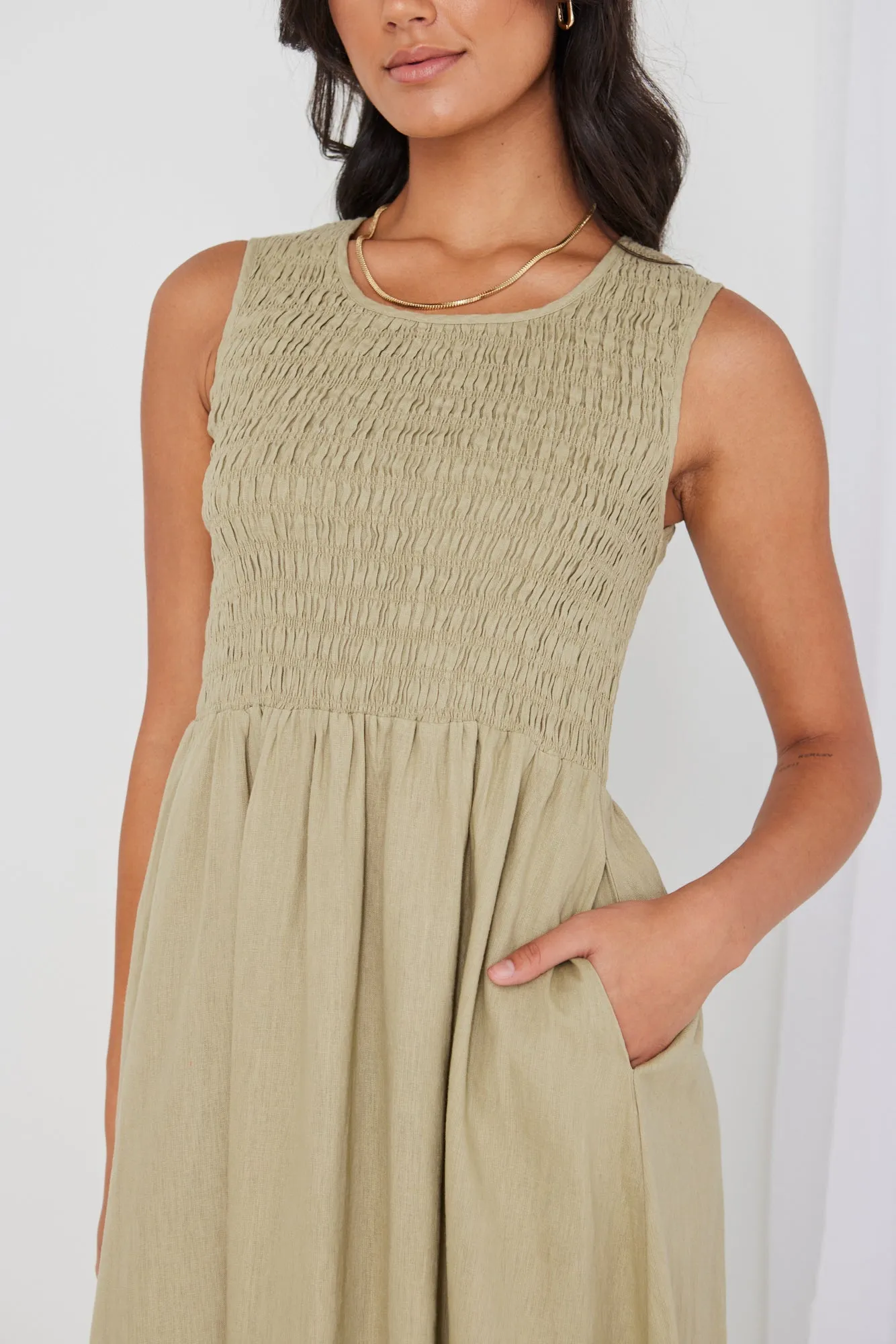 Bryar Light Khaki Linen Sleeveless Shirred Bodice Midi Dress