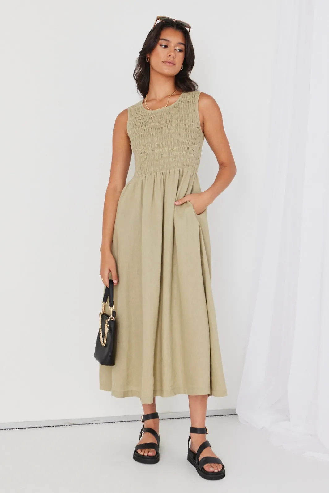 Bryar Light Khaki Linen Sleeveless Shirred Bodice Midi Dress