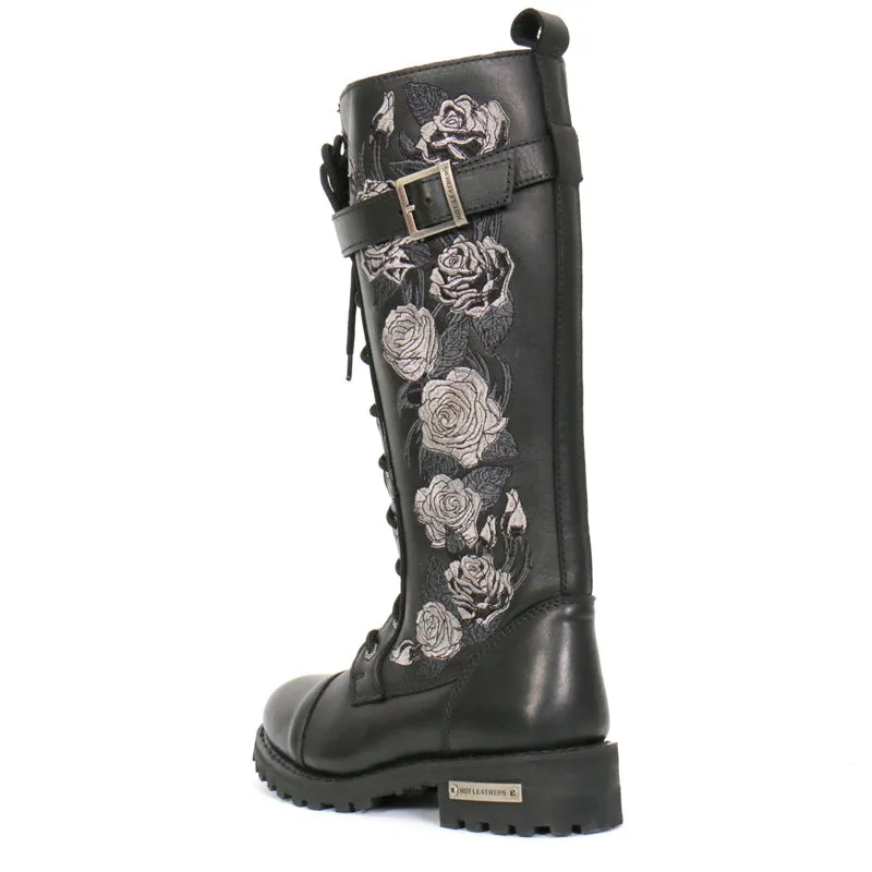 BTL1007 Ladies Black Knee High Wild Roses Leather Boots