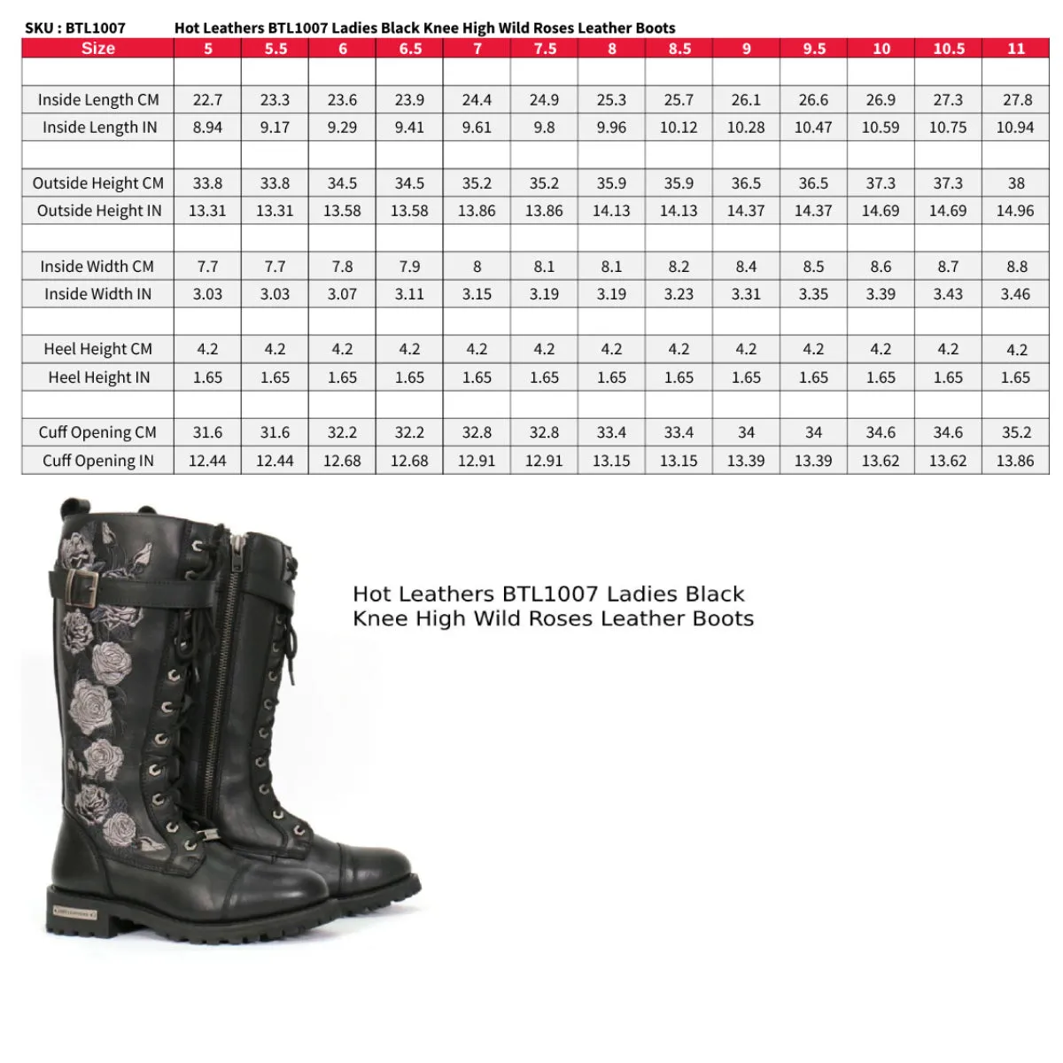 BTL1007 Ladies Black Knee High Wild Roses Leather Boots