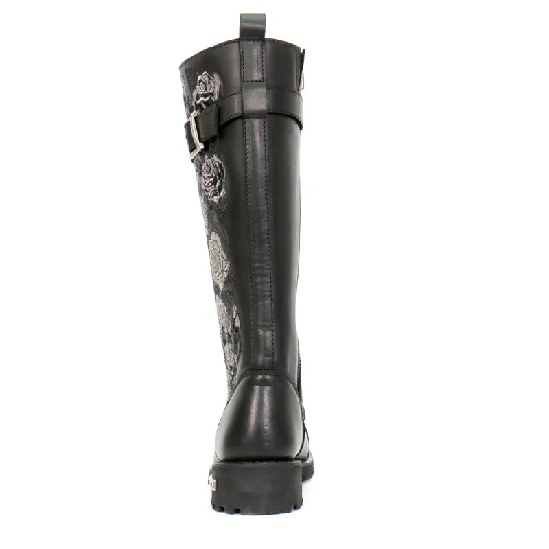 BTL1007 Ladies Black Knee High Wild Roses Leather Boots