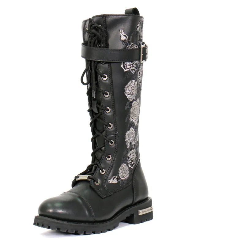 BTL1007 Ladies Black Knee High Wild Roses Leather Boots