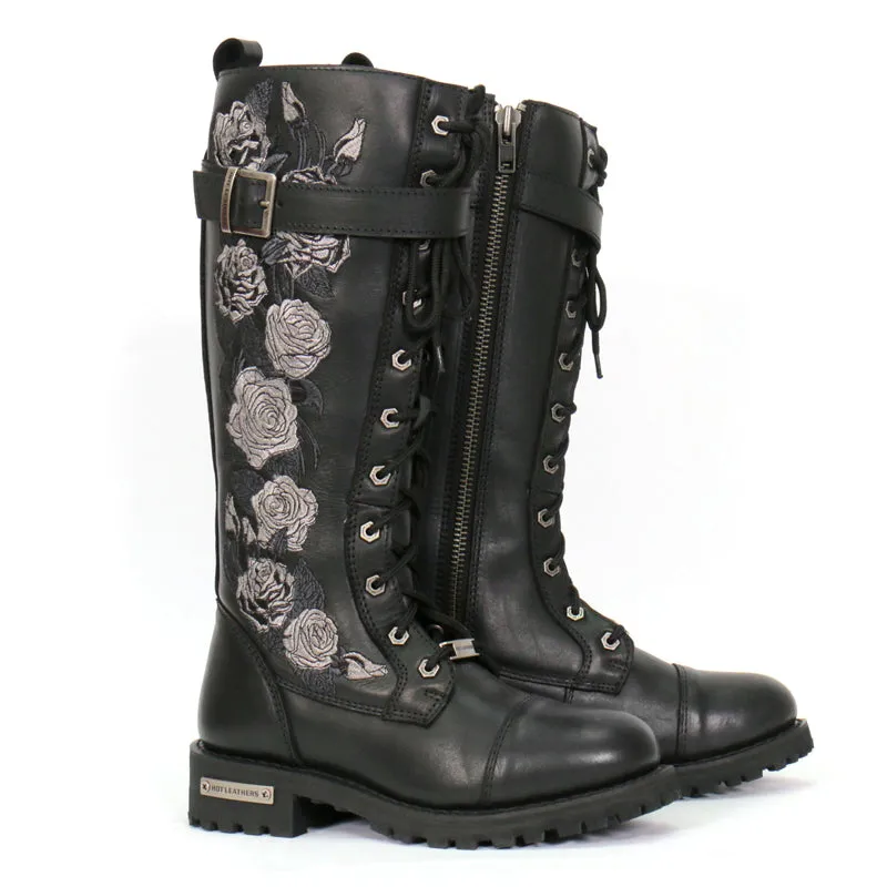 BTL1007 Ladies Black Knee High Wild Roses Leather Boots