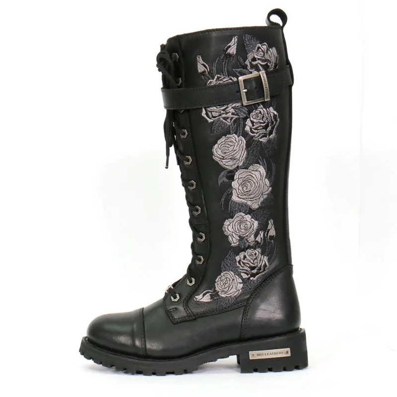 BTL1007 Ladies Black Knee High Wild Roses Leather Boots