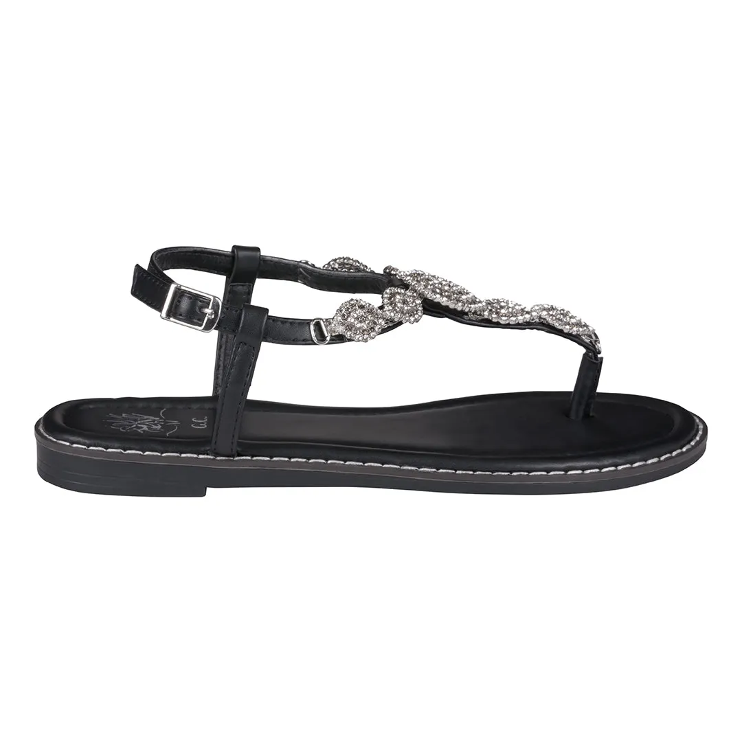 Cali Black Jeweled T-Strap Slingback Flat Sandals