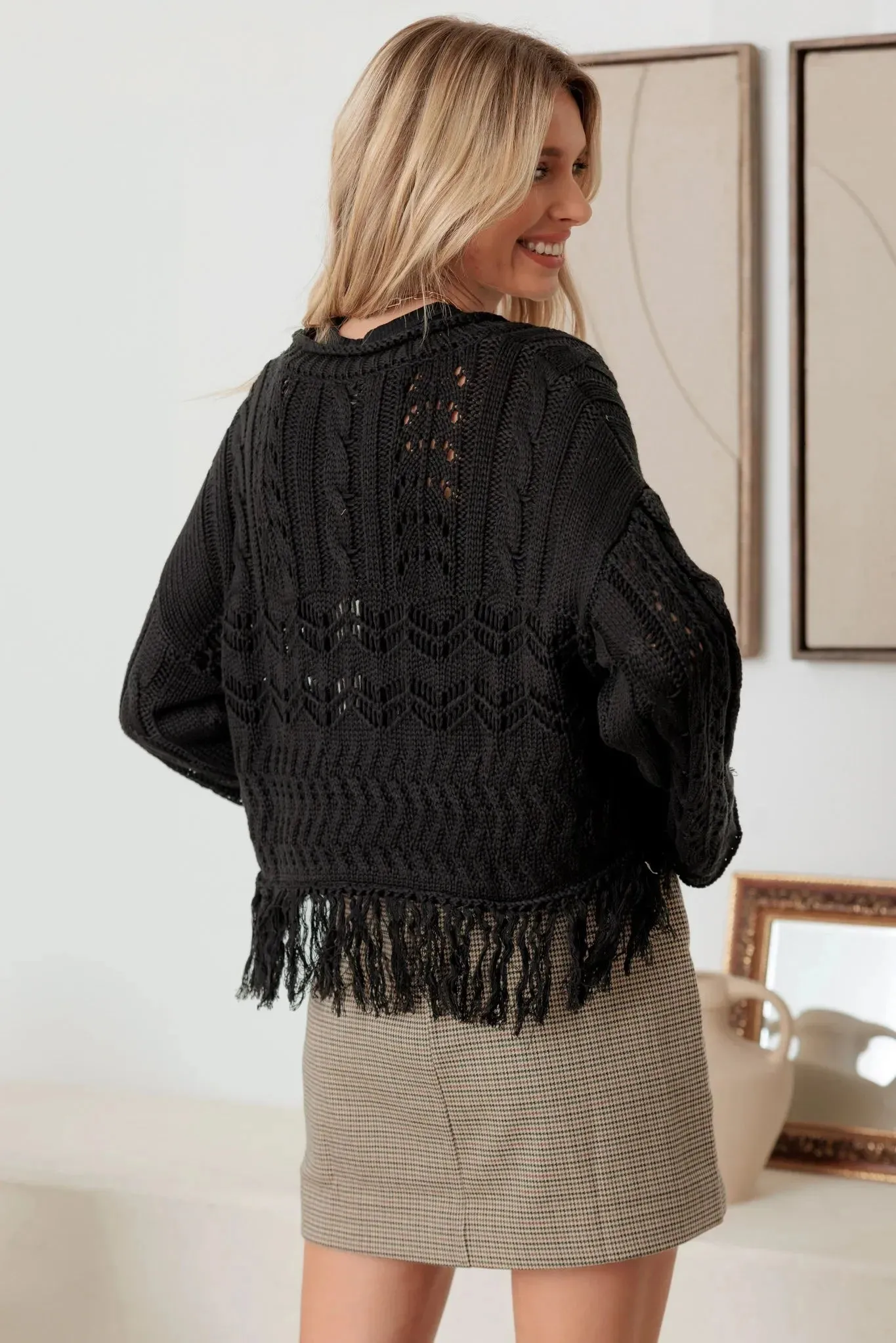 Crochet Hollow Out Fringe Long Sleeve Sweater