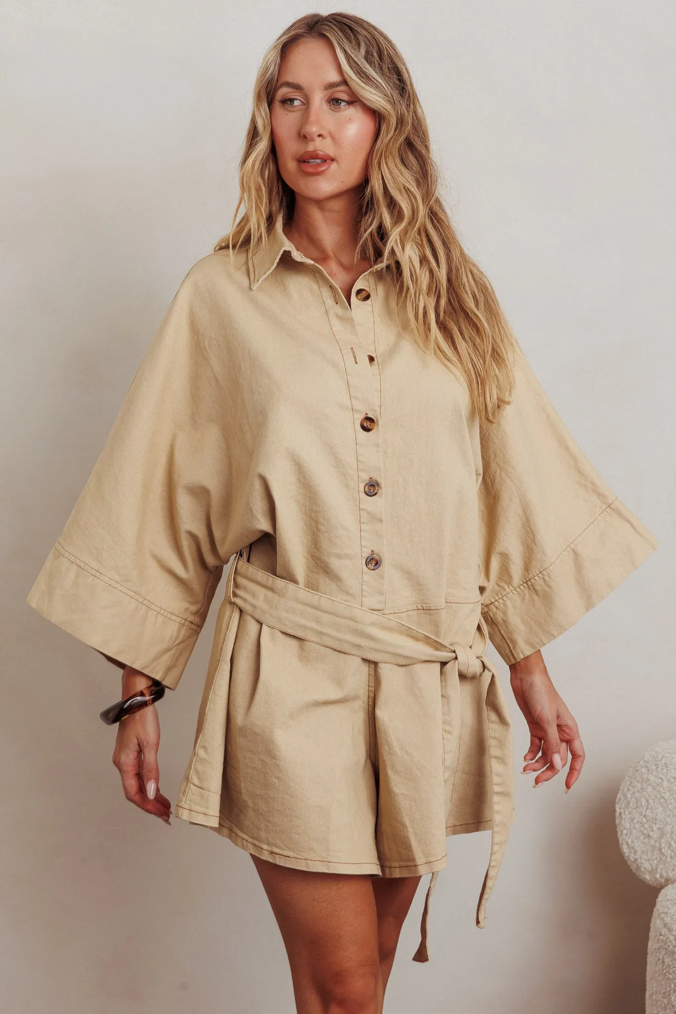 Daytona Beach Button-Up Romper Beige