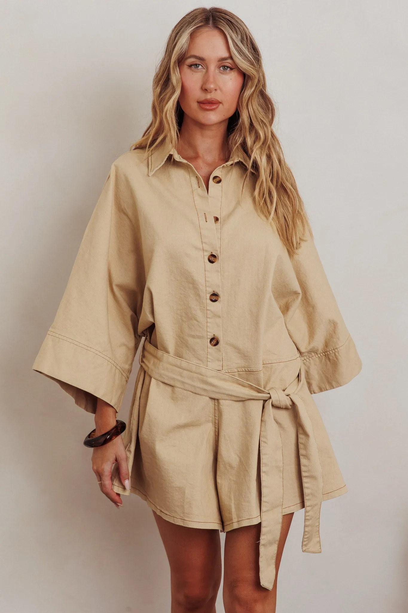 Daytona Beach Button-Up Romper Beige