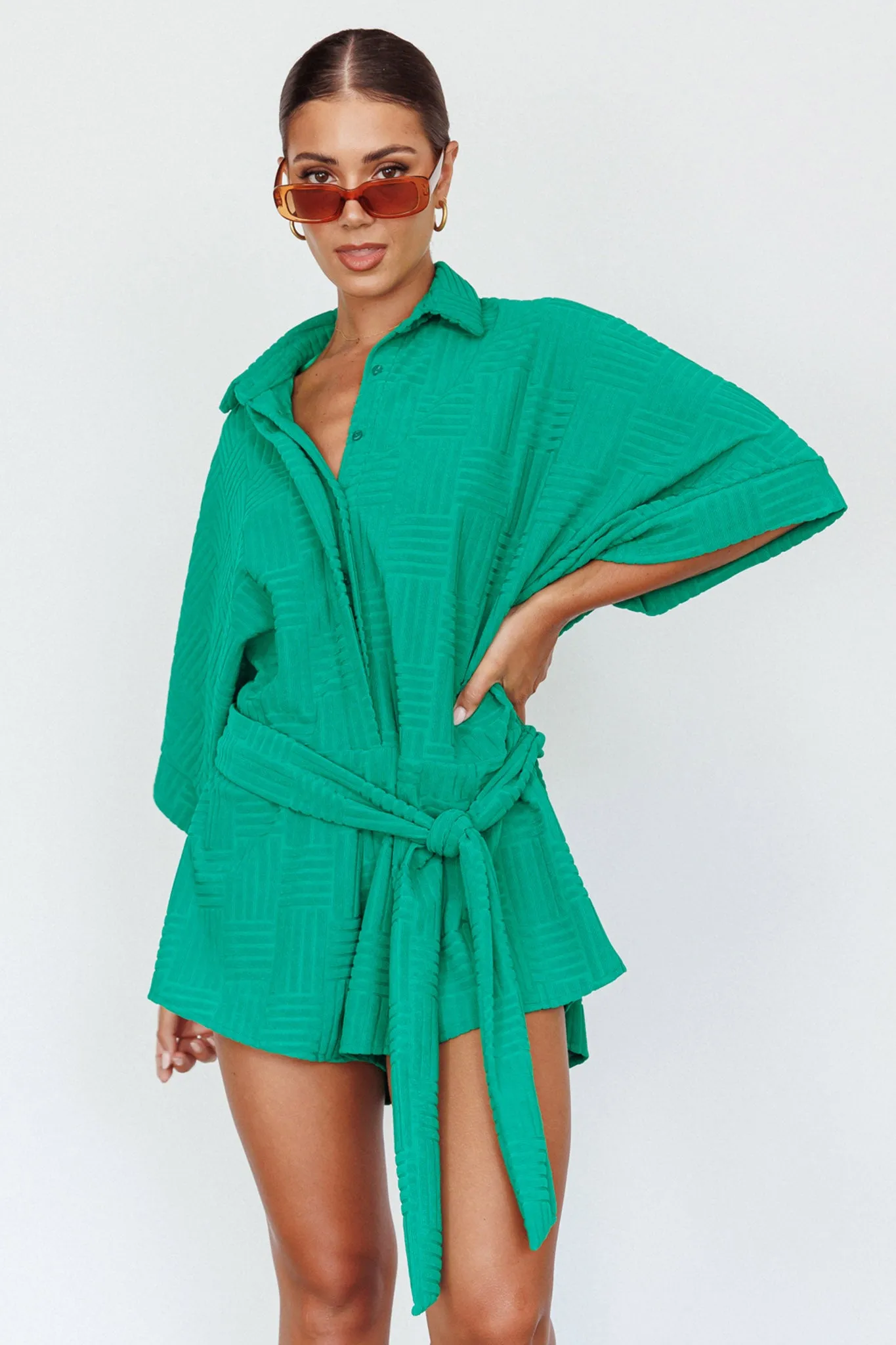 Daytona Beach Button-Up Romper Textured Green