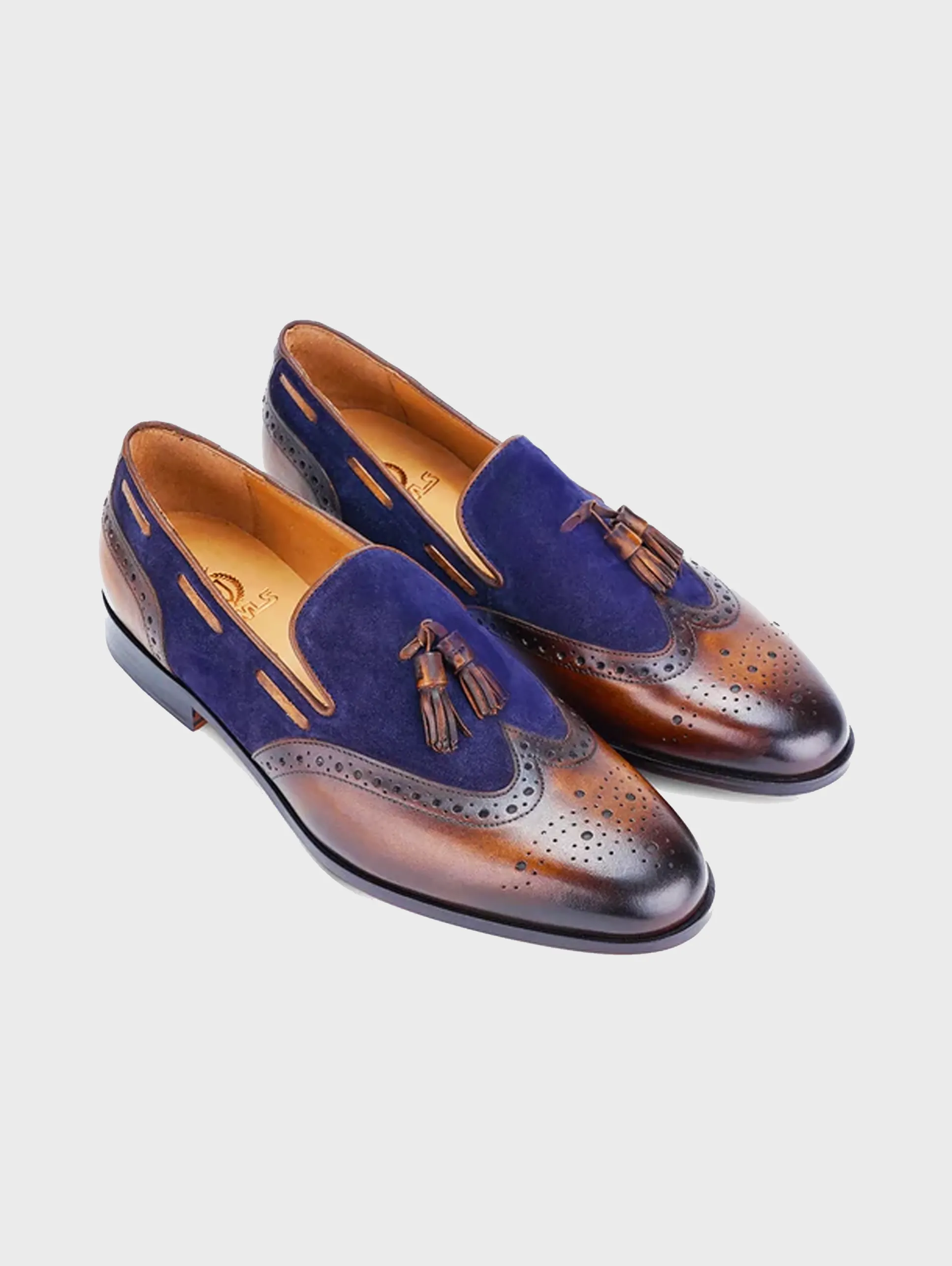 Declan Wingtip Tassel Loafer - Tan/Blue with Patina