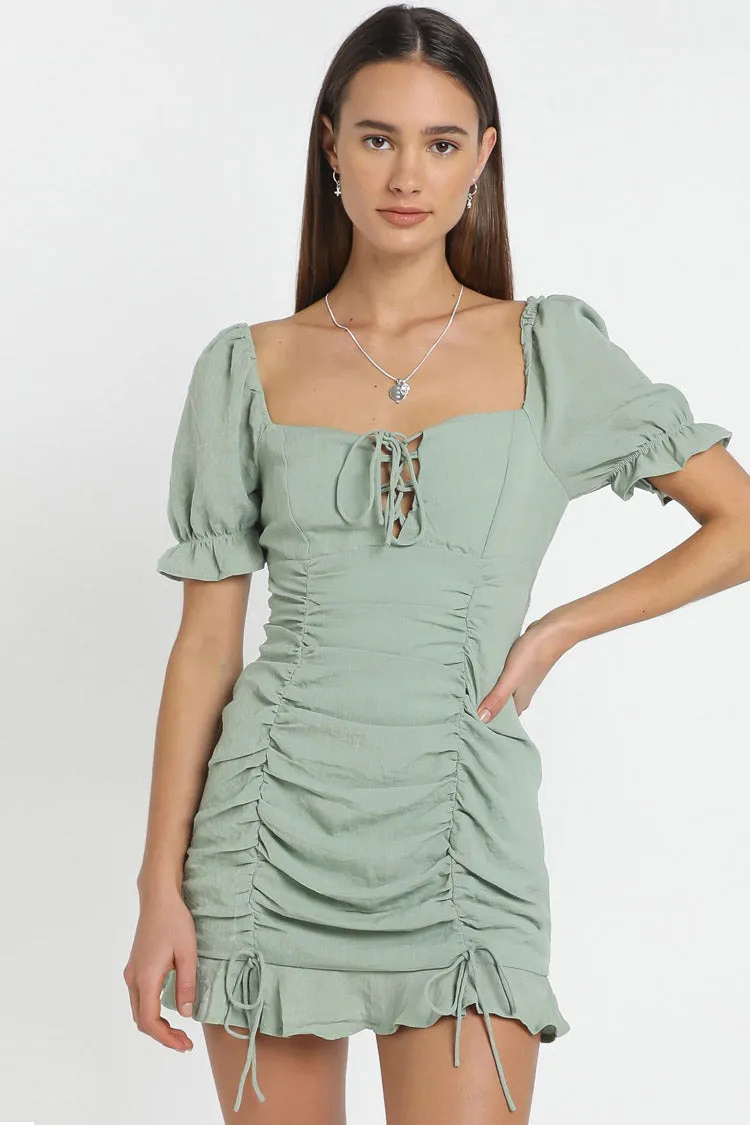 Drawstring Ruched Ruffle Bodycon Mini Dress - Sage Green