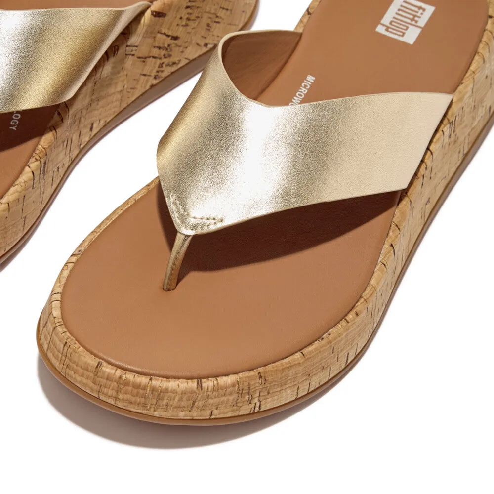 FitFlop F-mode Leather/Cork Flatform Platino Toe Post Silver