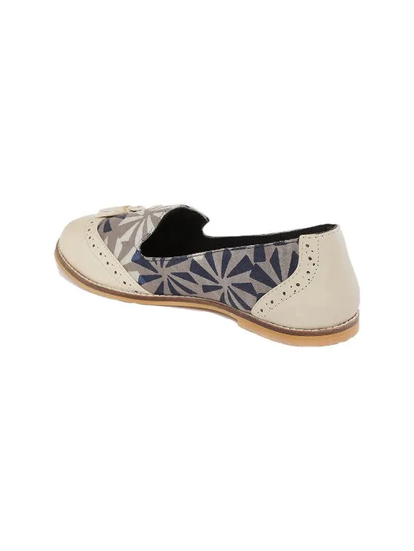 Flora White Solid & Block Printed Tasselled Handcrafted Loafers