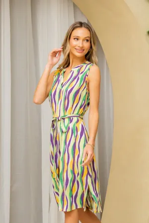 Full Size Stripe Tied Sleeveless Dress with Side Pockets