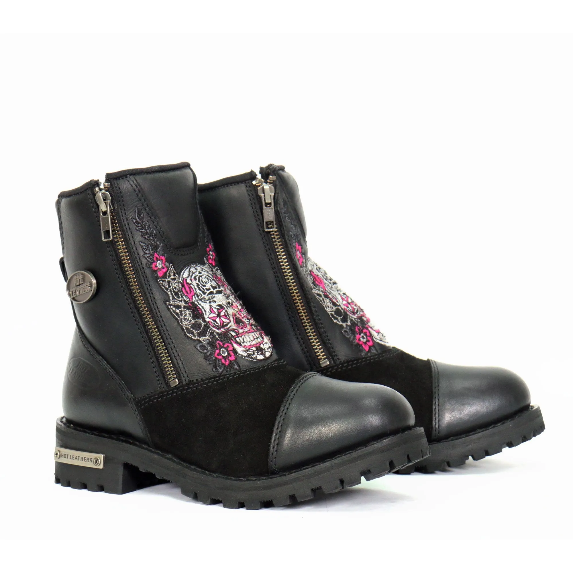 Hot Leathers Women's Double Zip Sugar Skull Ladies Cap Toe Leather Boot