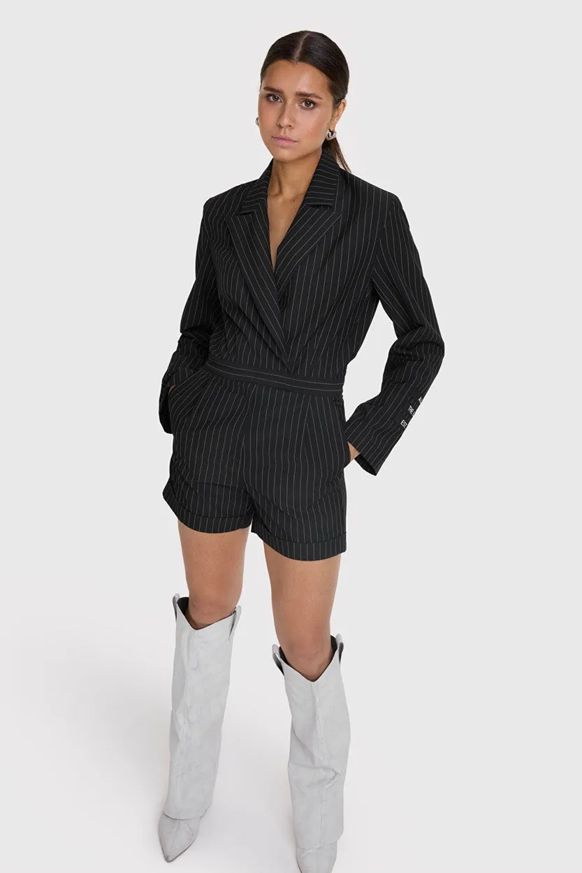 Ladies Woven Playsuit Stripe - Zwart