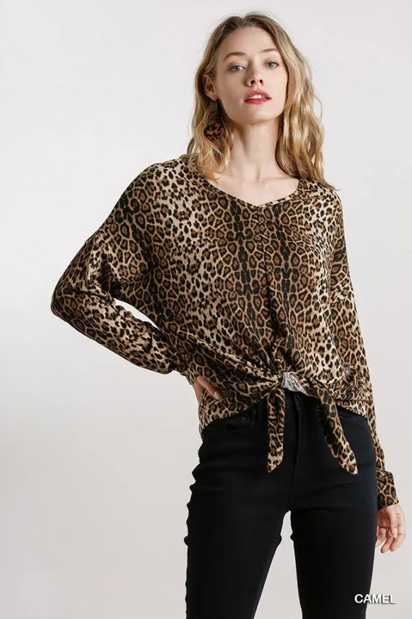 Leopard Tie Front Top, Camel