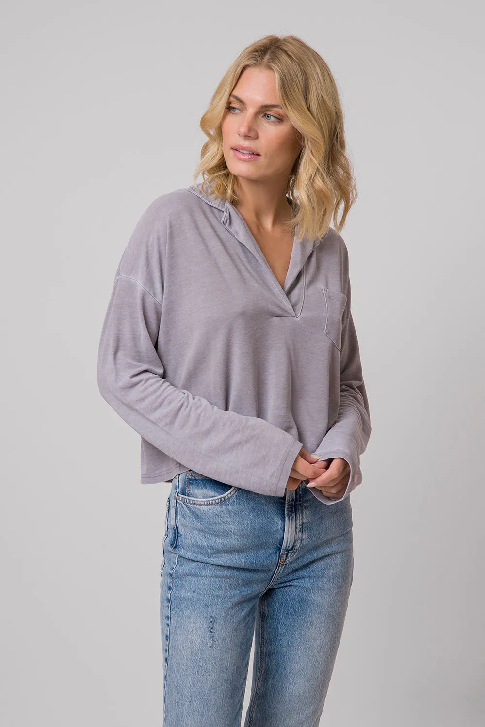 Long Sleeve Drop Shoulder Polo - Grey