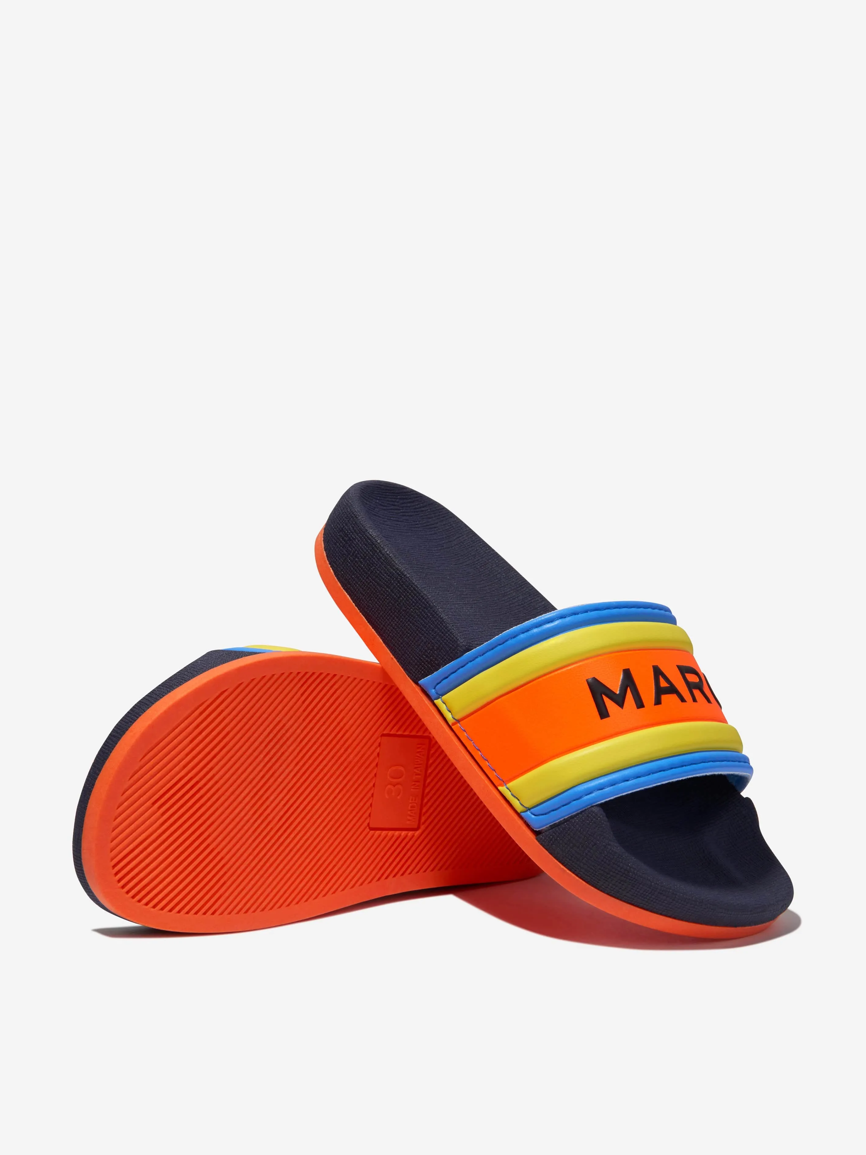 MARC JACOBS Boys Striped Logo Sliders in Navy