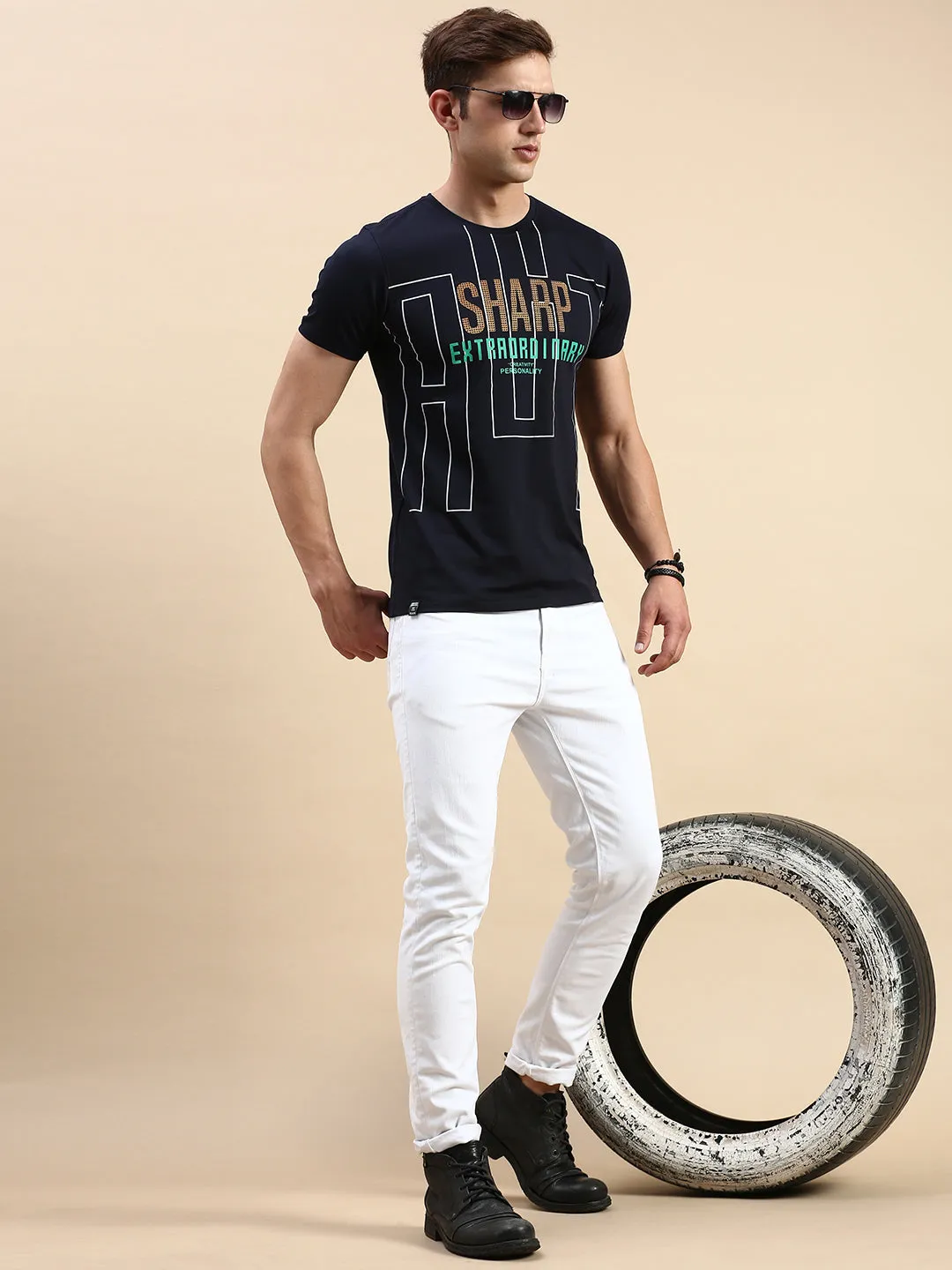 Men Navy Printed T Shirt