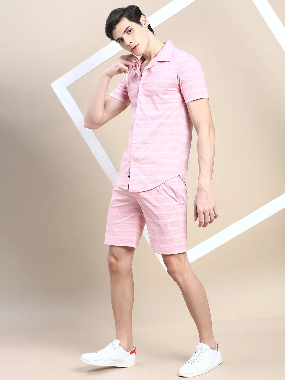 Men Pink Checked Casual Co ord Set