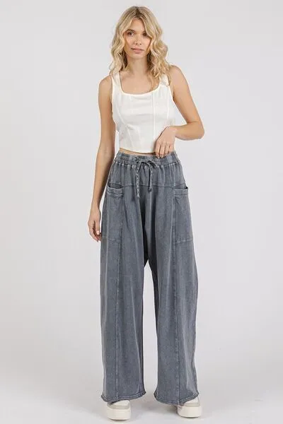 Mittoshop Mineral Wash Elastic Waist Barrel Leg Baggy Pants