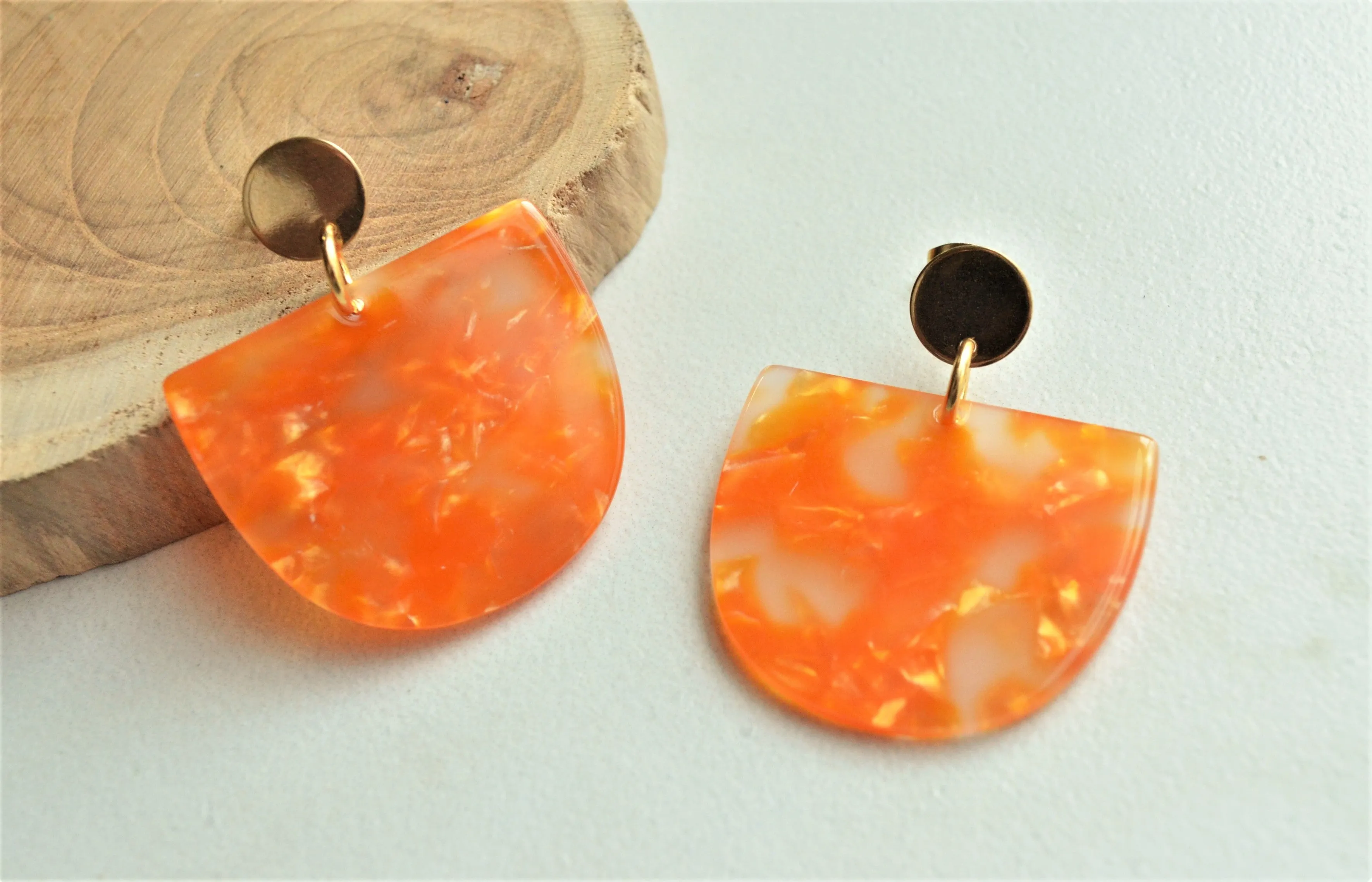 Orange Big Lucite Acrylic Post Statement Dangle Womens Earrings - Nora