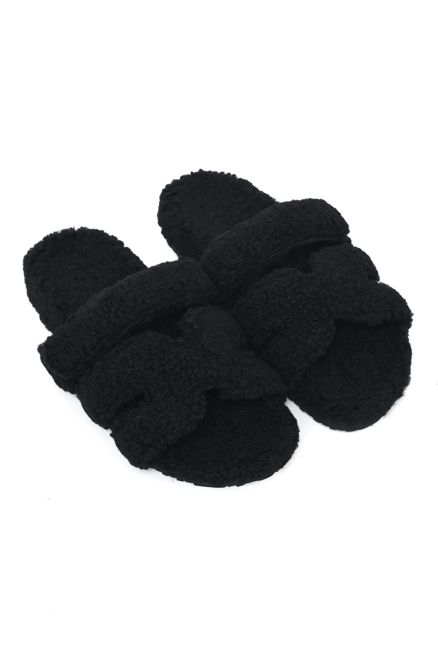 PLUSH CROSS-STRAP SLIDES-BLACK