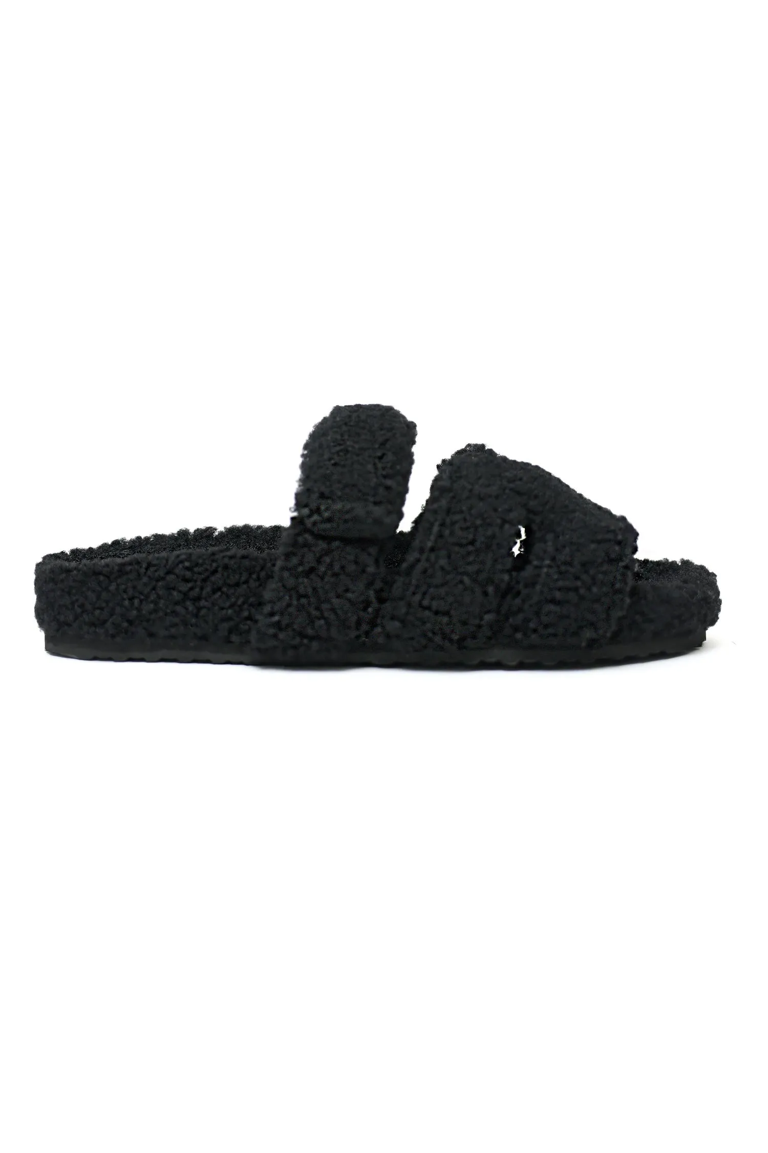 PLUSH CROSS-STRAP SLIDES-BLACK