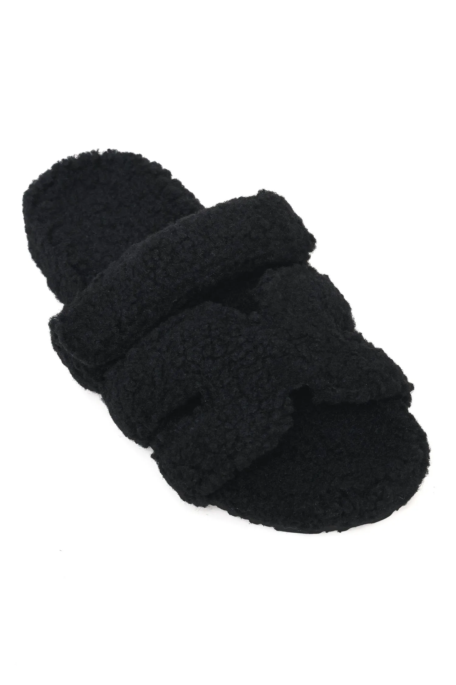 PLUSH CROSS-STRAP SLIDES-BLACK