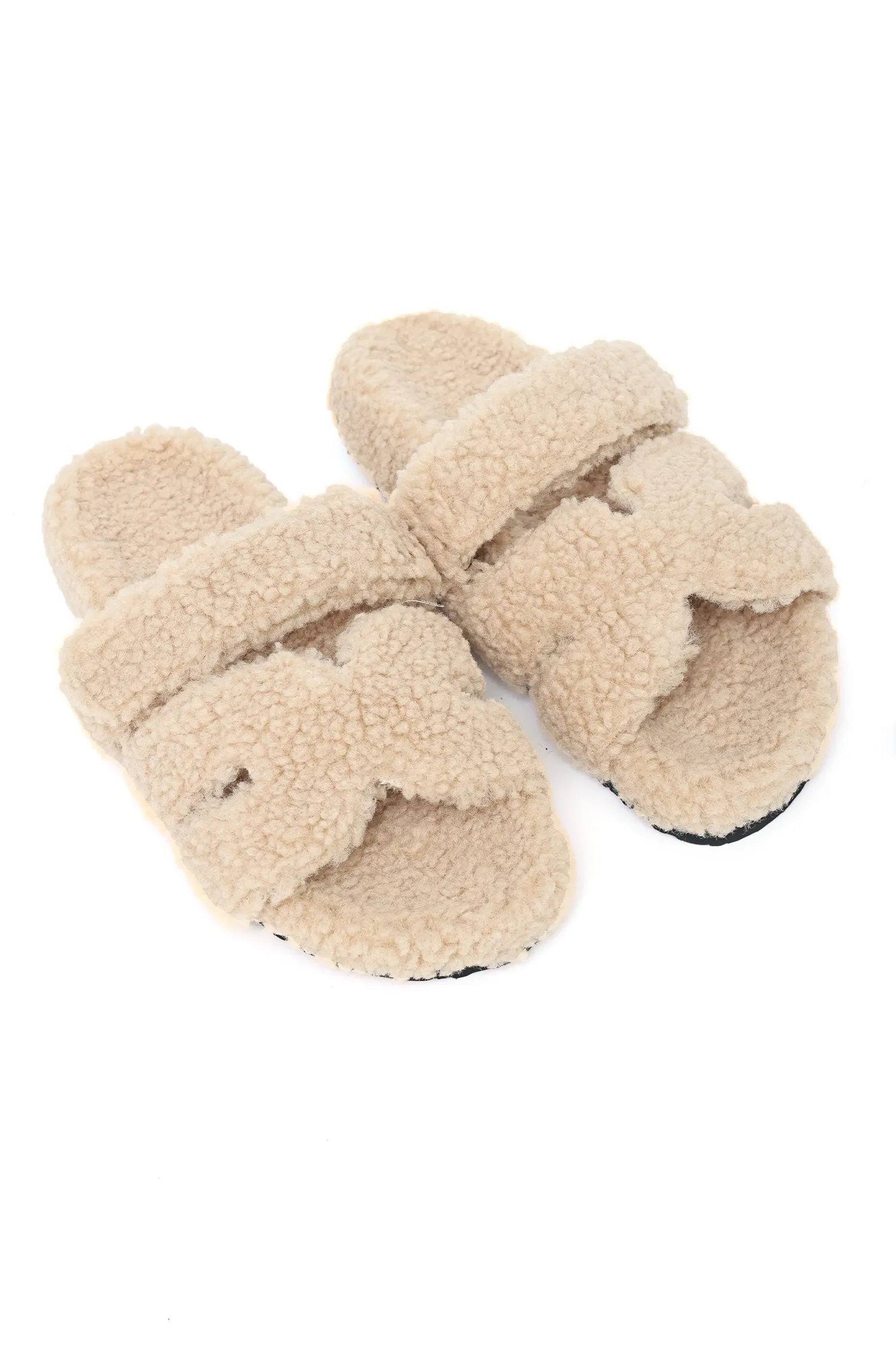 PLUSH CROSS-STRAP SLIDES-CAMEL