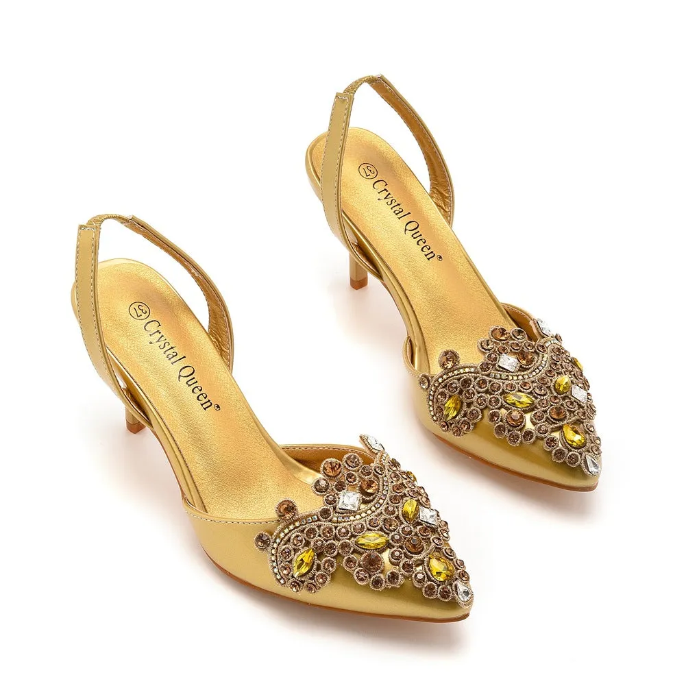 Pointed Toe Classic Rhinestone Flower Slingback High Heels