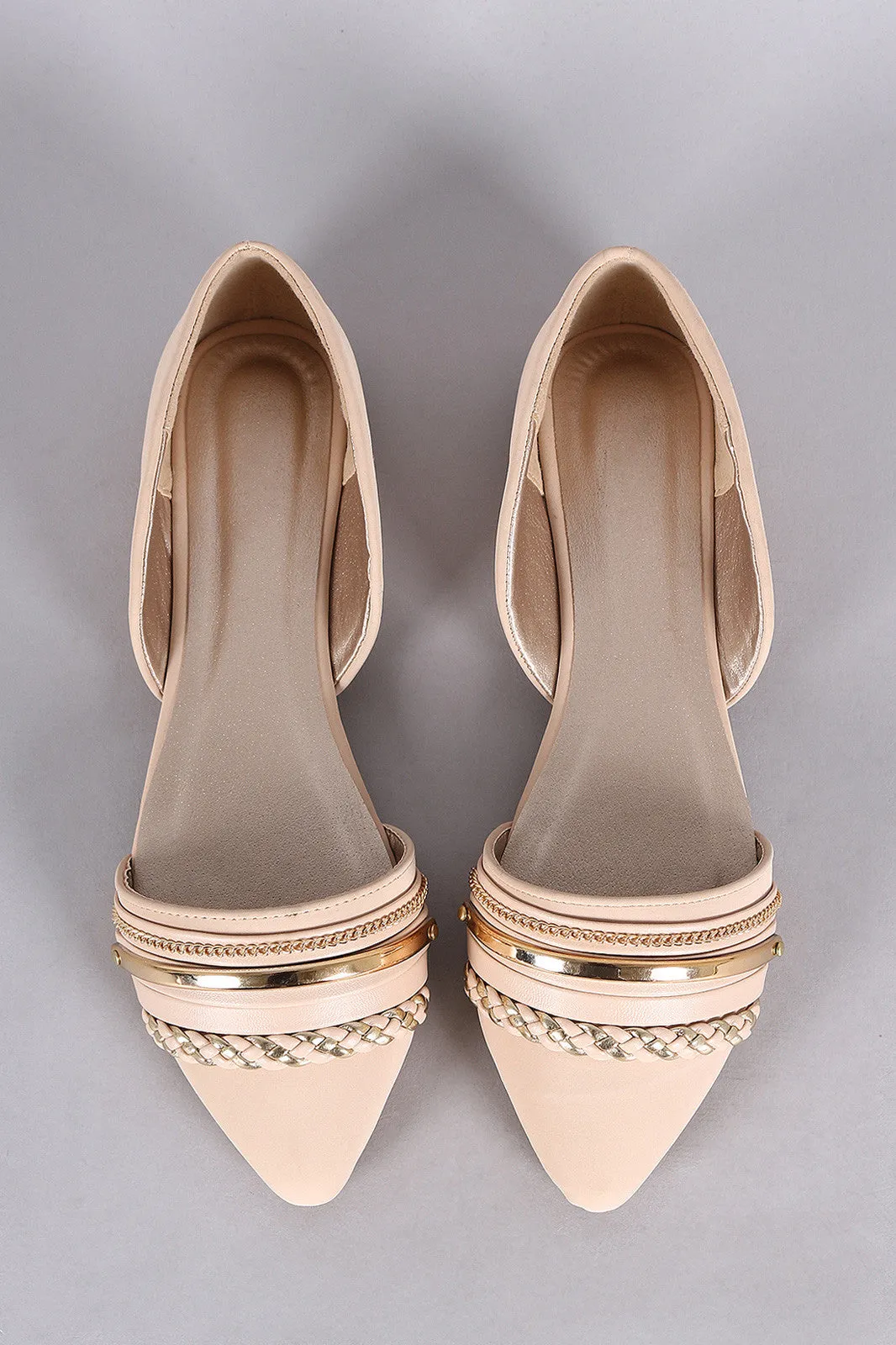 Qupid Chain Embellished Pointy Toe Dorsay Flat