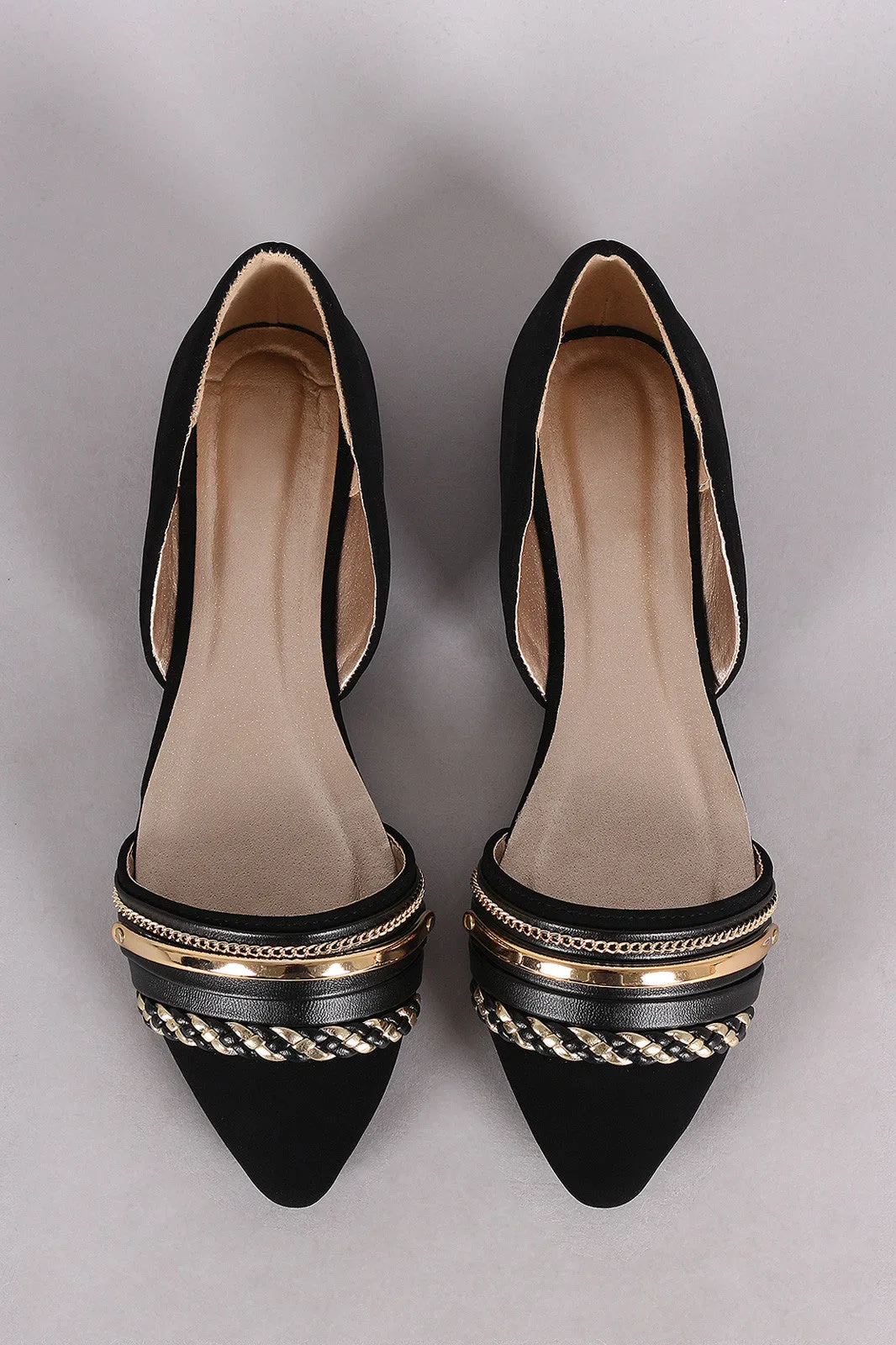 Qupid Chain Embellished Pointy Toe Dorsay Flat