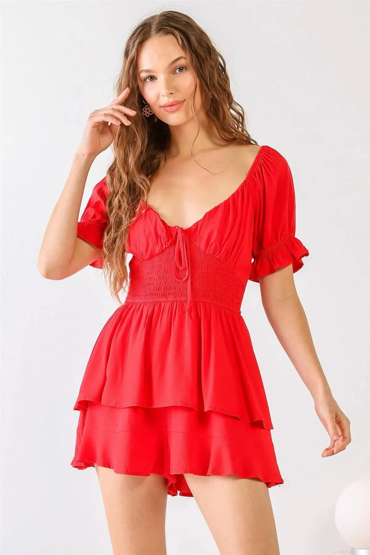 Red Smocked Shape Heart Neck Tired Romper