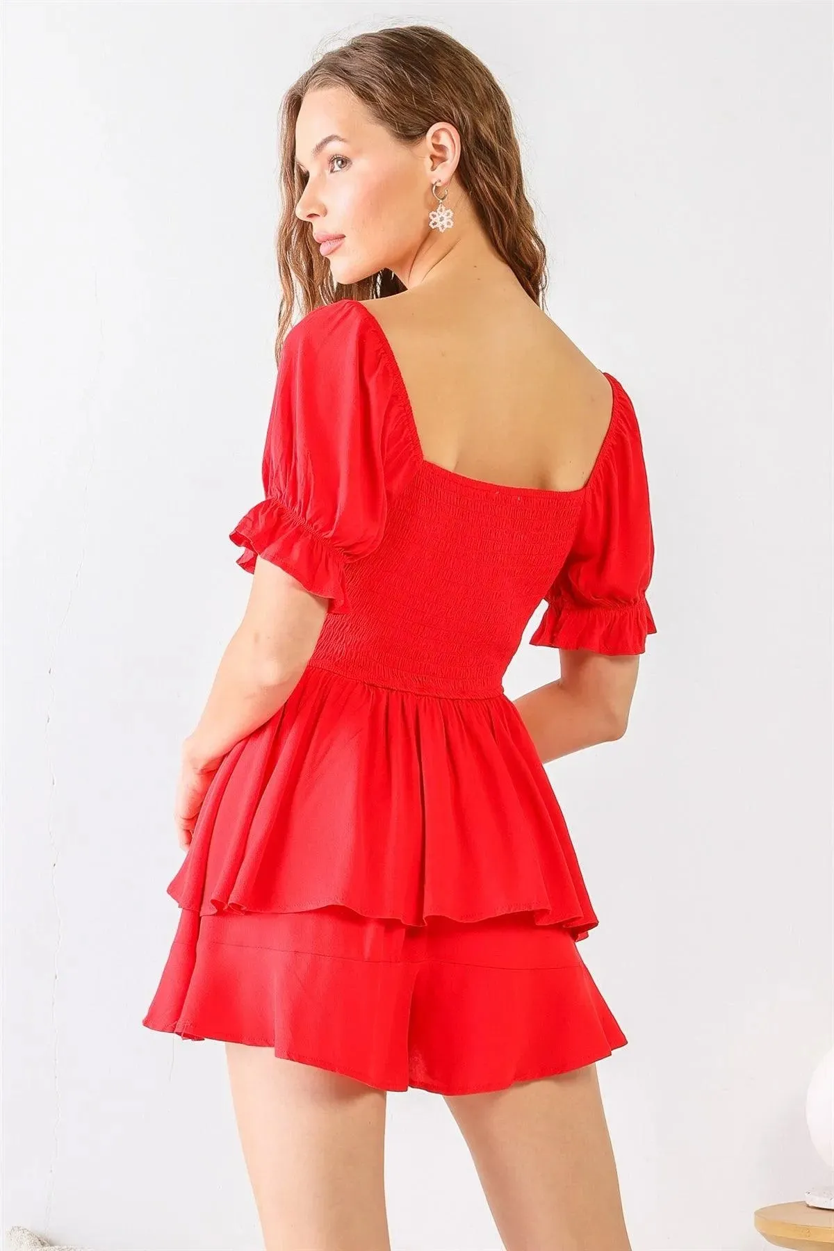 Red Smocked Shape Heart Neck Tired Romper