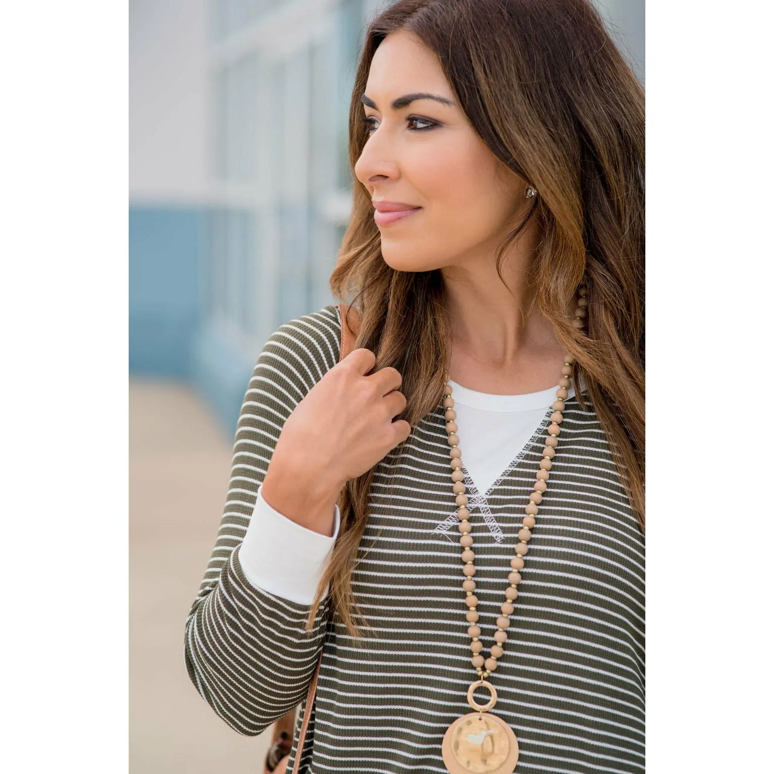 Solid Trim V Striped Long Sleeve Tee