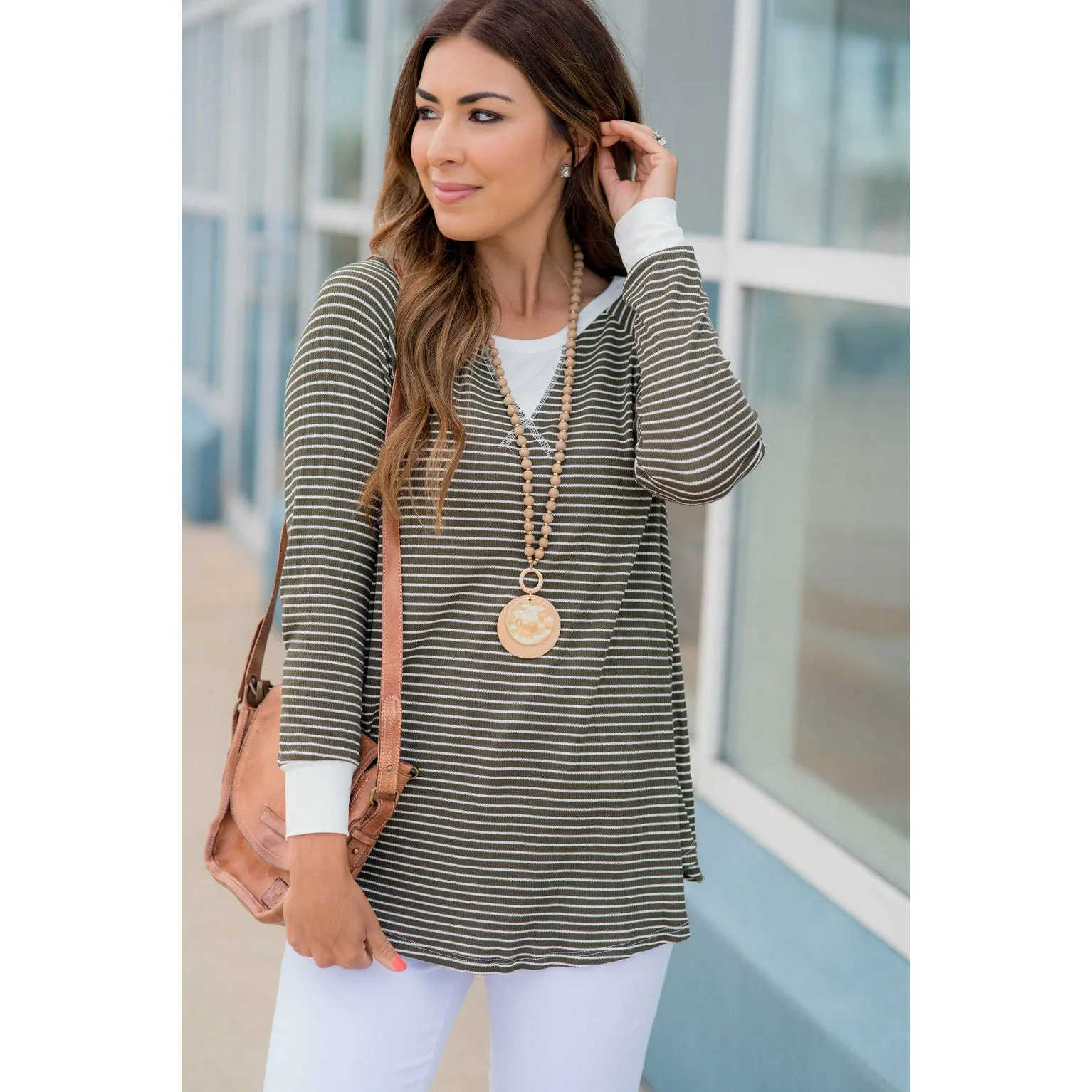 Solid Trim V Striped Long Sleeve Tee