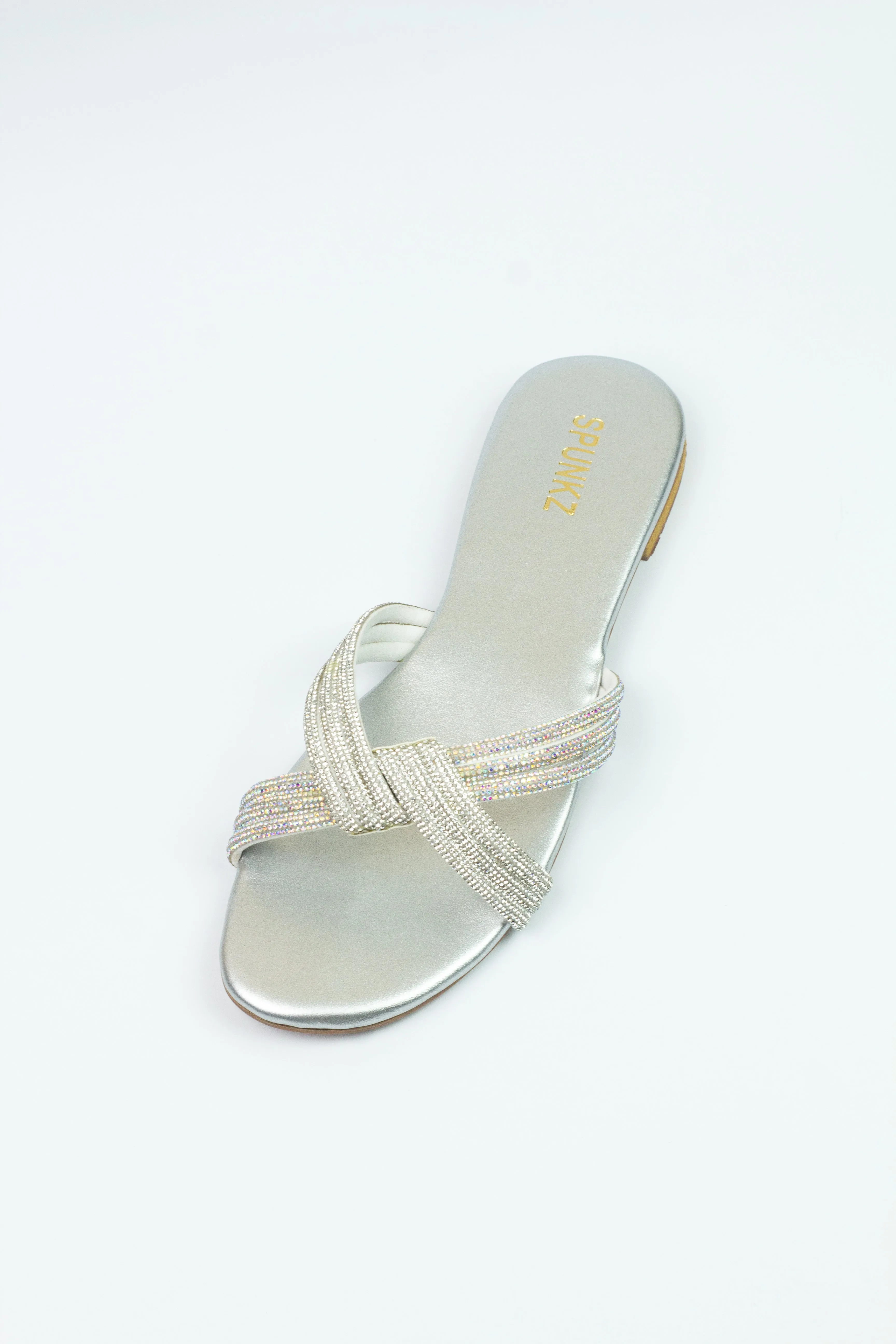 Spunkz Silver Diamante Strappy Rhinestone Knot Flats Sandals