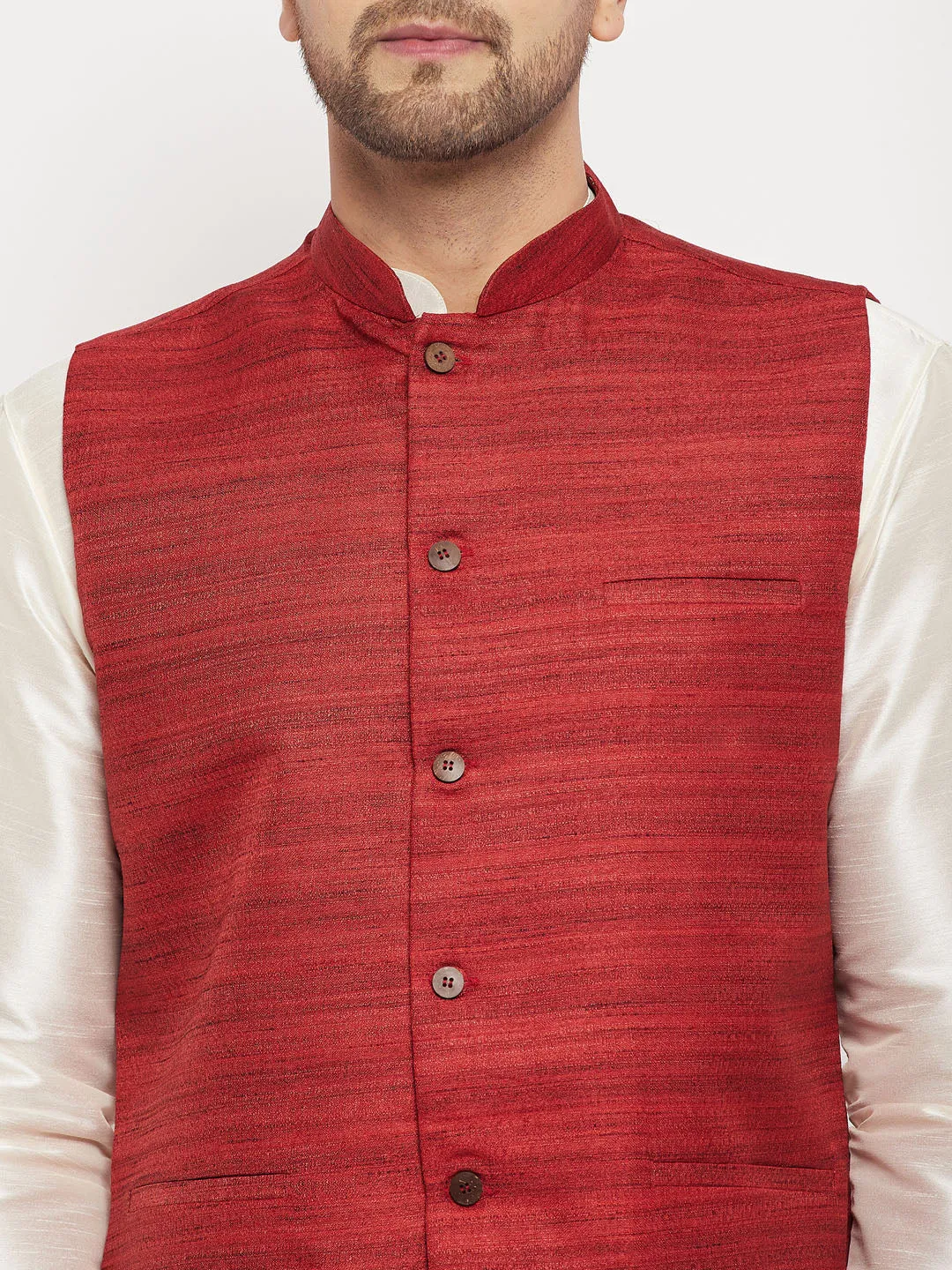 VM BY VASTRAMAY Men's Maroon Silk Blend Nehru Jacket